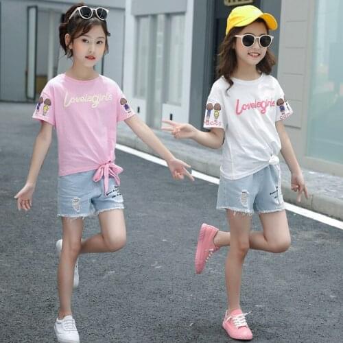 Children Clothing Teen Girls Clothing Sets Summer Toddler Casual T-shirt +Denim Short Outfit Kids Tracksuit For Girls Sport Suit