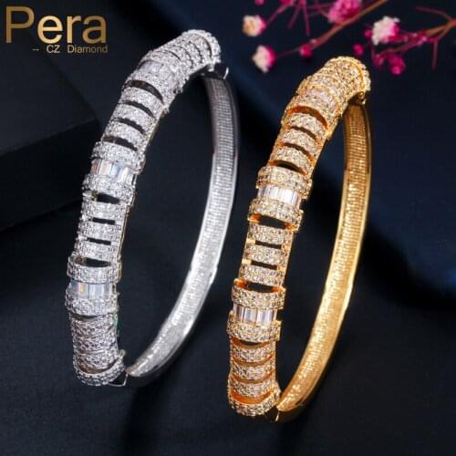 Pera Top Quality Luxury Shiny Cubic Zircon Setting Jewelry Indian Dubai Gold Bridal Round Open Cuff Bangles and Rings Sets Z058