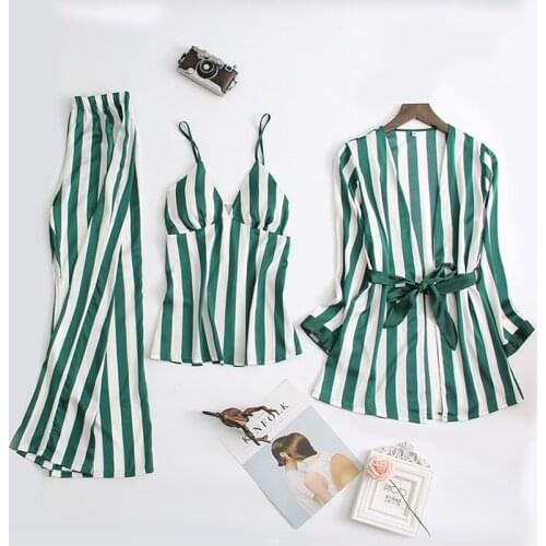 Spring Female Striped Satin Pyjamas Silk Pajamas for Women Sleepwear Three-piece set Sexy Stripe V-Neck Pijama Mujer Home Suit