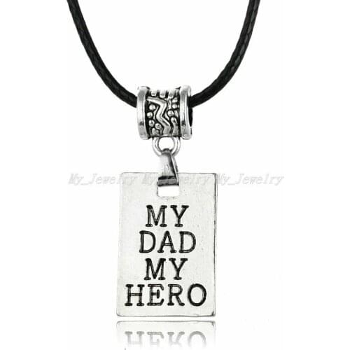 3Pcs Simple Square Shape Pendant Necklace My Dad My Hero Letter Jewelry Family Children Daddy Fathers Day Gifts Leather Chain