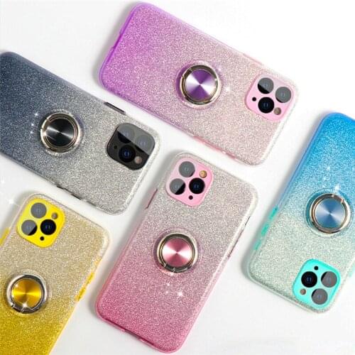 Bling Glitter Gradient Silicone Case For iPhone 12 11 Pro Max XS X R XR 7 8 Plus SE 2020 Ring Holder Stand Sit Covers Women Girl