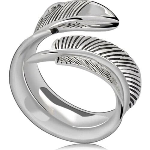 SA SILVERAGE Silver 925 Pure Silver Hand Ornaments Vintage Thai Silver Feather Male and Female Open Ring 5.7g Jewerly