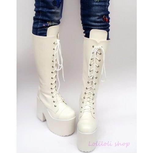 Princess sweet punk shoes loliloli yoyo Japanese design custom big size white bright skin knee-high boots an9053