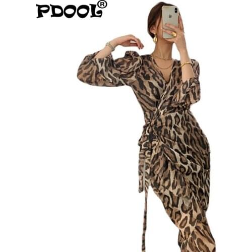 Spring Autumn Chic French Sexy Leopard Print Irregular Long Sleeve Chiffon Dress Women Plus Size Clothing Nightclub
