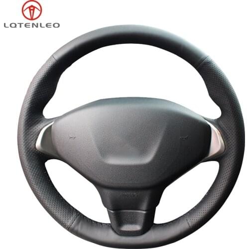 LQTENLEO Black Genuine Leather Hand-stitched Car Steering Wheel Cover For Peugeot 301 2014 2015 2016 2017 2018 2019