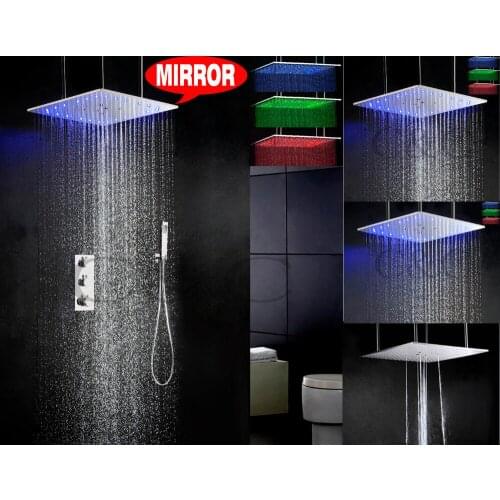 Thermostatic Bathroom Bath Shower Faucet Set Ceil Mounted Two Functions Swash And Rain 3 Colors LED Shower Head