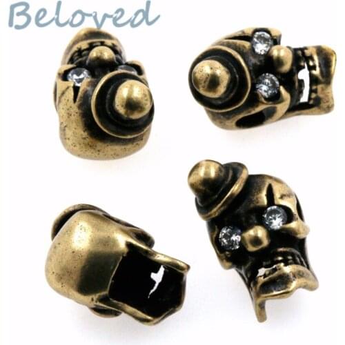 Vintage Micro Paved Clear Zirconia Head Skull Metal Charms Beads, Cubic CZ Mens Bracelet Making Spacer Beads, BG18220