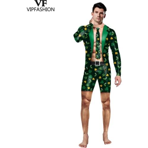 VIP FAHSION Adult Sleepwear Irish Festival Four Leaf Clover Print Print Long Sleeve Male Jumpsuits Bodysuit Cosplay Costumes