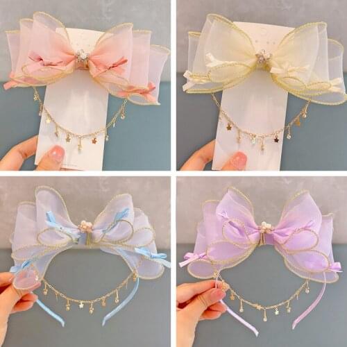 Large Tassel Chain Hair Bows for Girls Fairy Princess Bowknot Hairpin Kids Rhinestone Party Headwear Hair Styling Accessories