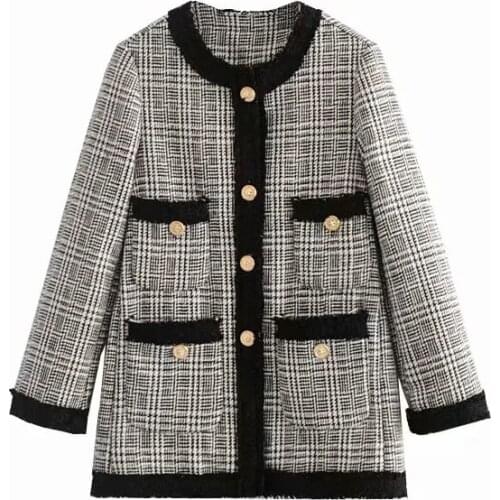 Womens Retro Check Twill Tweed Jacket Fashion O-Neck Long Sleeve Single Breasted Pocket Loose Cardigan Jacket