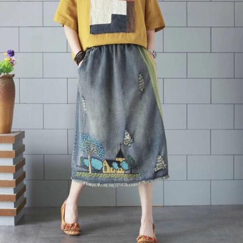 2020 Spring Summer New Fashion Women Cotton Denim Cartoon Embroidery Skirt Elastic Waist All-matched Casual Long Skirt S645