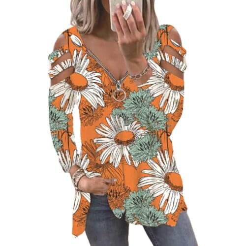 Summer Women Floral Print T-shirts Casual Long Sleeve Zipper V-Neck Top Women Loose Hollow Out T shirt 3XL Over sized Clothing