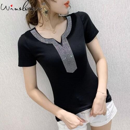 Summer European Style Cotton T-Shirt Shiny Diamonds Fashion Women Tops Short Sleeve Bottoming Shirt Slim Tees New 2021 T14422A