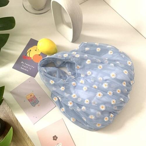 Women Small Transparent Tote Mesh Cloth Bags Daisy Embroidery Handbag High Quality Eco Fruit Bag Mini Decoration Purse For Girls