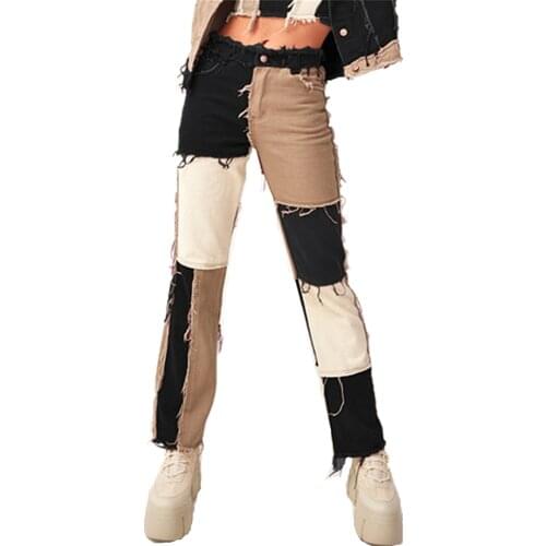 Women Fashion Cargo Jeans European/American Trend Mixed Color Joint High Waist Tight Buttocks Womens Straight Jeans Trousers