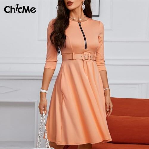 Chicme Summer and Autumn Women Solid Zipper Up Belted Pleated Casual Dress Femme A Line Pocket Desigh Long Sleeve Vestidos Robe