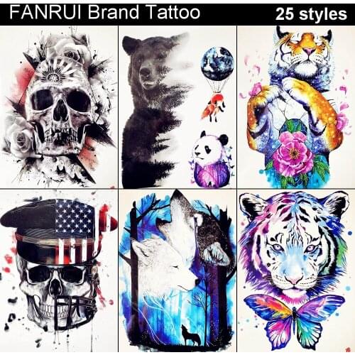 25 Style Fashion Temporary Tattoo Stickers Body Art Drawing Bear Tatoos Women Waist Fake Men Arm Tattoo Wolf Disposable Decals