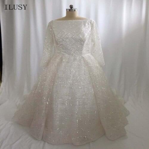 ILUSY Glitter Prom Dress Long Sleeve Boat Neck Prom Party Gowns Long Sleeve A-line Gowns vestido de festa
