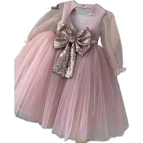 Gardenwed Blush Flower Girl Dresses Long Sleeves Tulle Princess Dress Sequined Bow Girl Wedding Party Dress 2020