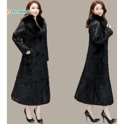 Real Rabbit Fur Long Coat Female Fox Fur Collar Slim Autumn Winter Warm Plus Size Overcoat Outer Wear Women Natural Fur