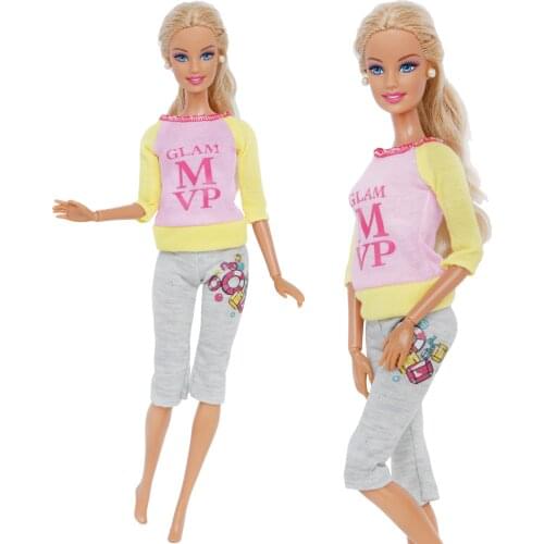 Cute 1 Set Casual Daily Wear Yellow Half Sleeve Printed T-shirt Tops Gray Pants Clothes Accessories for Barbie Doll Kids Toy