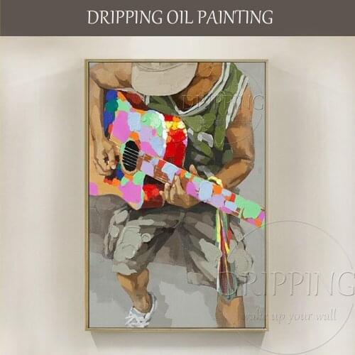 Artist Hand-painted Modern Wall Art Man Playing Guitar Oil Painting Handmade Play Colorful Guitar Oil Painting for Living Room