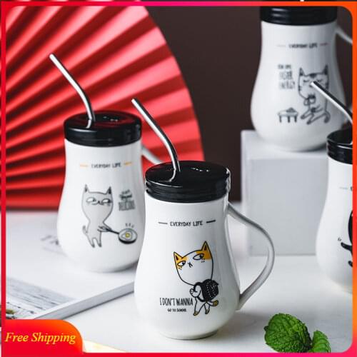 Ceramic Mug Mug With Lid Large Capacity Creative Office Straw Mug Literary Cat Simple Personality Kawaii Water Cup coffee mug