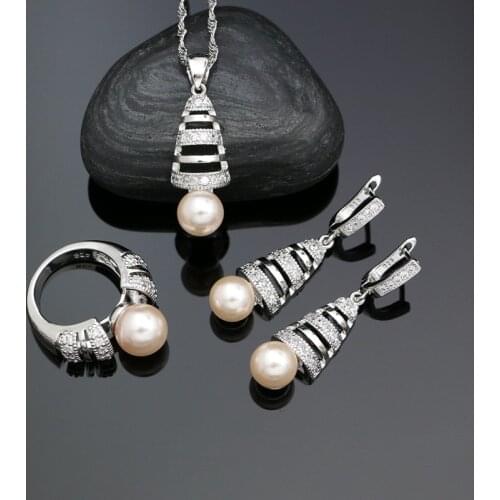 Classic 925 Silver Wedding Jewelry Sets for Women Light Pink Pearl Beads White Cubic Zirconia Earrings Necklace Pendant Ring