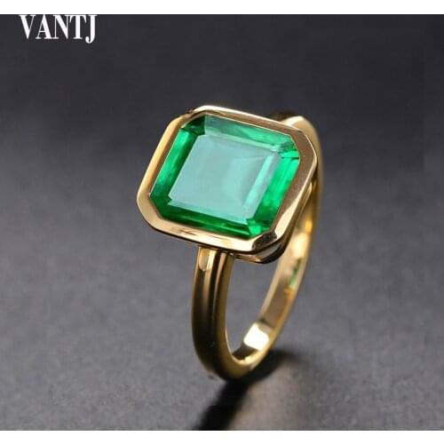 VANTJ Real 10K Yellow Gold Rings Sterling Lab Grown Hydrothermal Created Emerald 3ct Fine Jewelry Women Party Wedding Gift