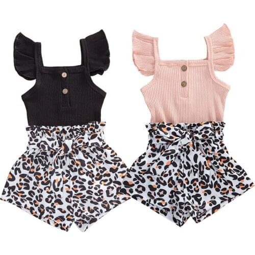 0-24M Summer Lovely Baby Girls Clothes Sets 2pcs Ruffles Flying Sleeve Solid Romper Tops Leopard Shorts