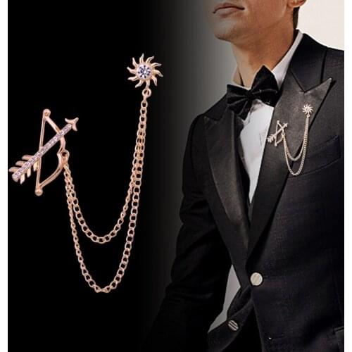 2021 Fashion Costume Jewelry New Korean Gold Chain Tassel Crystal Sun Arrow Brooch Badge Lapel Pin Suit Btooches For Men Women