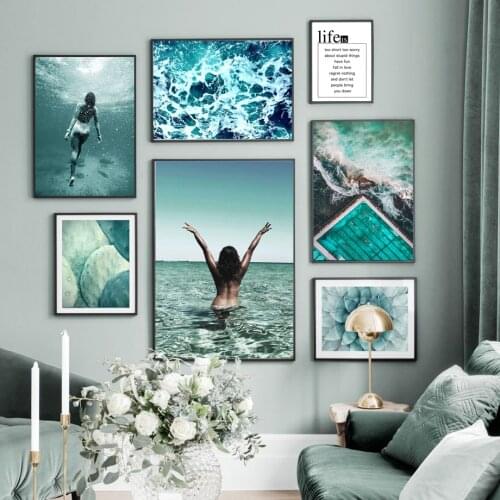 Wall Art Canvas Painting Blue Sea Swimming Girl Flower Cactus Nordic Posters And Prints Wall Pictures For Living Room Home Decor