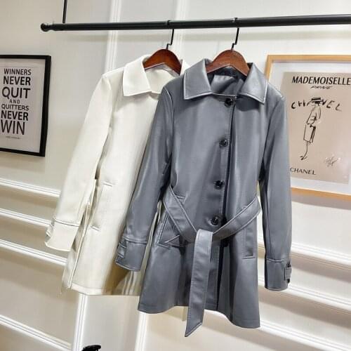 2020 New Women Faux Soft Leather Long Jacket Female Loose Windbreaker Trench Coat PU Leather Jacket With Belt