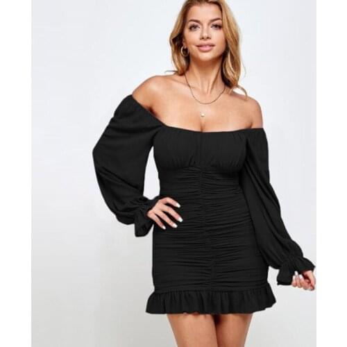 New fall wear pure color fashion ruffled edge pleats sexy one - word collar shoulder long sleeve dress wrap buttock skirt woman