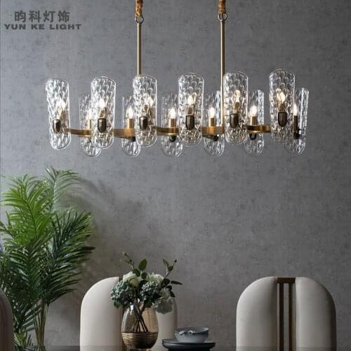 Post-modern light luxury crystal dining room chandelier all copper strip living room light Hong Kong style simple atmosphere