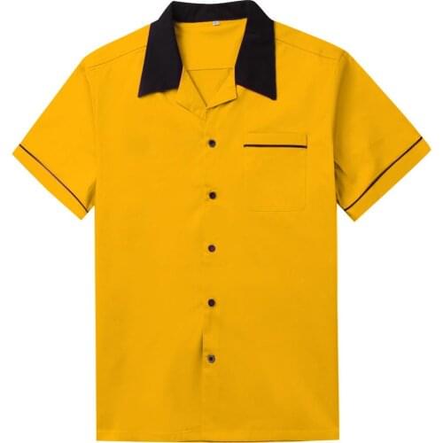 White Bowling Shirt Short Sleeve Classic Retro Shirt ST117Y Yellow Red Cotton Mid-century Inspired Style Men Shirts