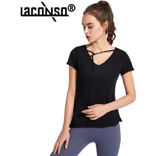 LACONSO Spring Summer New Yoga Short-Sleeved Womens Sports T-Shirt Running Fitness Breathable Top Neckline Drawstring Bottoming