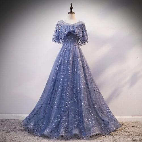 Vintage Blue Tulle Evening Dresses Short Sleeve O-Neck Shiny Sequin Mesh Beading Banquet Wedding Formal Guest Prom Party Gowns