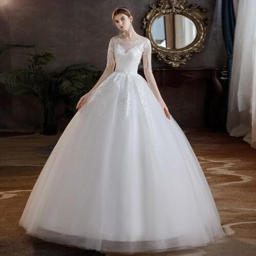 High-quality O Neck Short Sleeve Simple Wedding Dress Beautiful Lace Beading Illusion Plus Size Custom Made Princess Bridal Gown