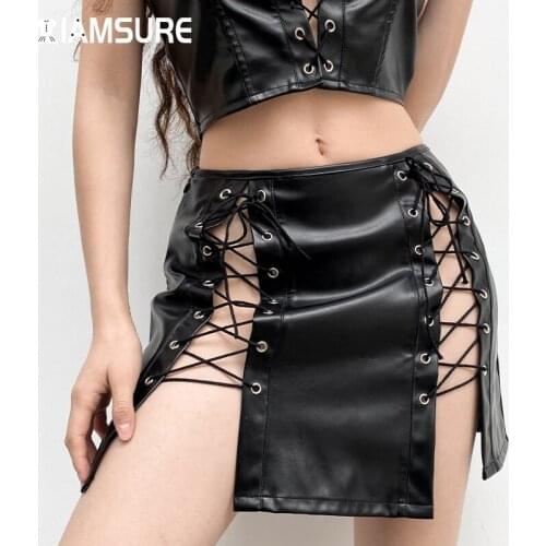 IAMSURE Sexy Pu Leather Skirt Party Night Club Wear Black Low Waisted Tie Side Bandage Mini Skirts Female 2021 Casual Streetwear