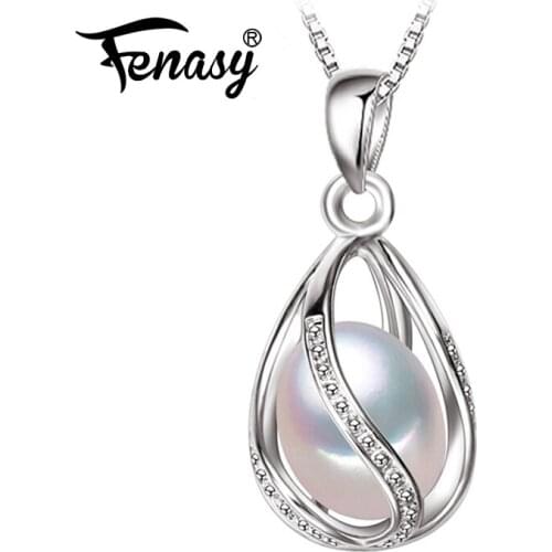 FENASY Natural Freshwater Pearl Pendant Cage Necklace Fashion 925 Sterling Silver Boho Statement Necklace Pearl Jewelry