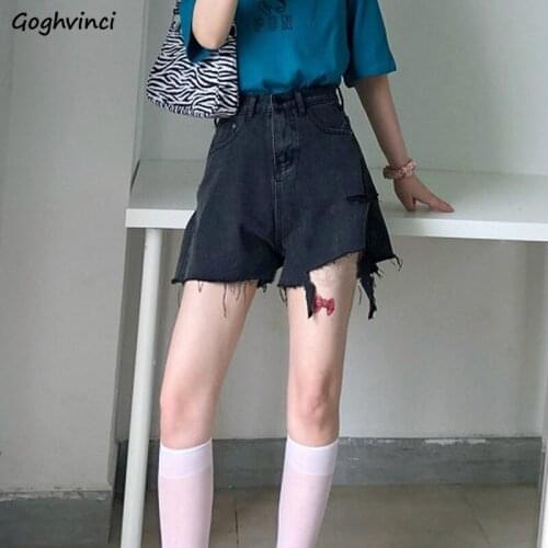 Women Denim Shorts Solid Irregular Frayed Chic Cool Fashion Holes Fur-lined Vintage All-match Teens Hipsters Streetwear Casual