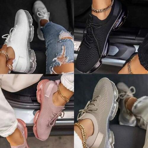 Womens Fashion Sneakers Flying Woven Breathable Air Cushion Flat Sole Shoes Lace-up Decorative Elastic Slip-on