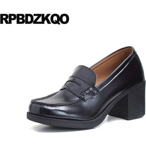 Female round toe block black work shoes women leather size 4 34 vintage 2019 high heels chunky brown retro thick pumps discount