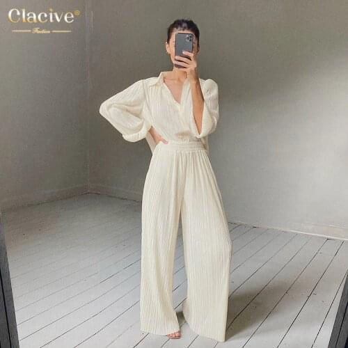 Clacive Beige Pleated Home Women 2 Piece Set Casual Turn-Down Collar Long Sleeve Blouse High Waist Wide Leg Pants Set Streetwear