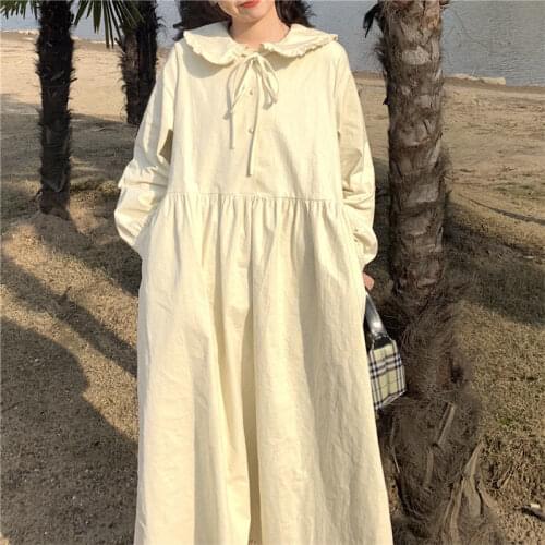 Luck A Dresses Women Long Sleeve Vintage Japan Preppy Style Kawaii Peter Pan Collar Loose Lace Up Womens Casual Cute Sweet Dress