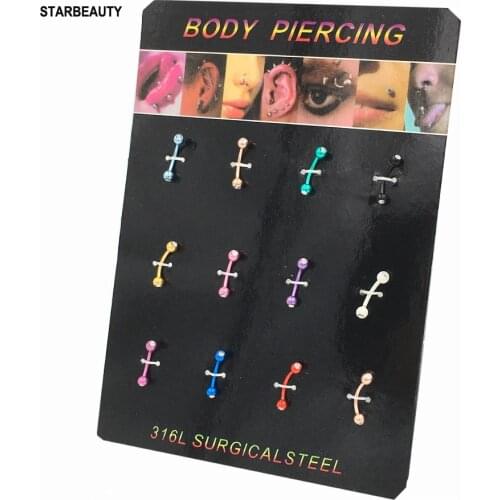 12 pcs/set Surgical Steel Eyebrow Piercing langue Crystal Nose Lip Ring Tongue Piercing Tragus Cartilage Earring Body Jewelry16G