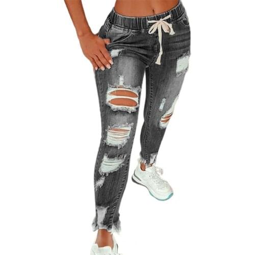 2021 New Fashion Drawstring Denim Jeans for Women Stretch Ripped Jeans Jean Ladies Plus Size Full Length Pencil Pants