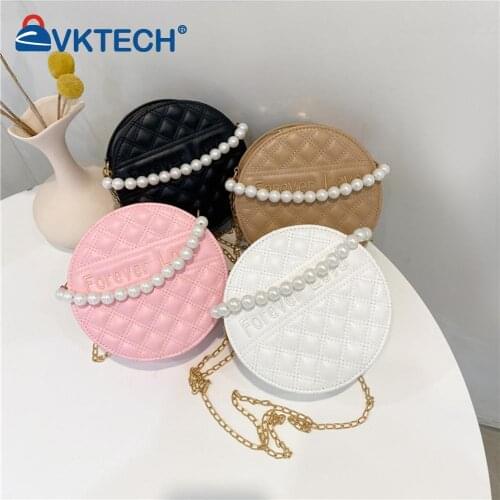 2021 Pleated Female Handbag Lattice Pattern PU Pearl Crossbody Bag Vintage Women Solid Color Round Handbags Women
