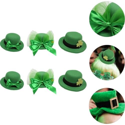 6Pcs St. Patricks Day Hairpins Leprechaun Hat Hair Clips Green Bowknot Hairpins